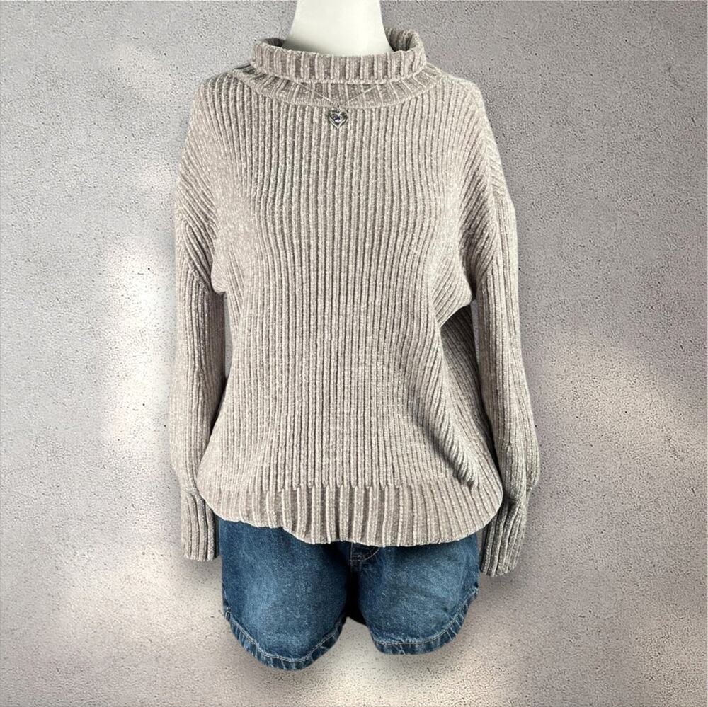Cynthia Rowley XS Chenille Turtleneck Sweater Beige Gray Super Soft Cozy Knit